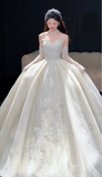 Niulatu Sweetheart Neck Ball Gown Long Wedding Dresses Tulle Applique White Bridal Gowns Long Sleeves Backless Bridal Dresses HZ1026