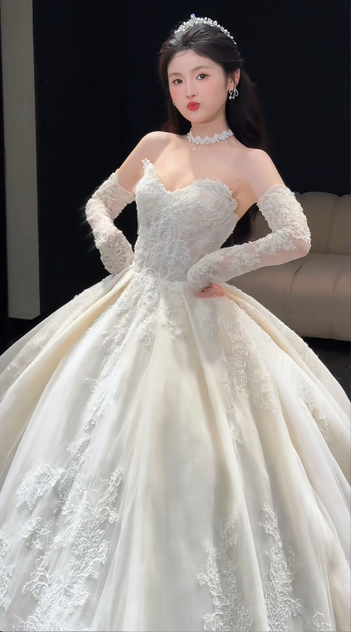 Niulatu Sweetheart Neck Ball Gown Long Wedding Dresses Tulle Applique White Bridal Gowns Long Sleeves Backless Bridal Dresses HZ1026