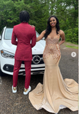 Niulatu Jewel Mermaid Long Prom Dresses Satin Beaded Champagne Evening Dresses HZ1026