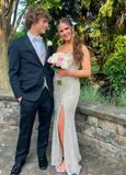 Niulatu Sweetheart Neck Sheath Long Prom Dresses Sequin Champagne Evening Dresses with Slit HZ1026