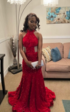 Niulatu Halter Mermaid Long Prom Dresses Velvet Sequin Burgundy Evening Dresses HZ1026