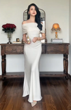 Niulatu Spaghetti Strap Sheath Long Prom Dresses Satin White Wedding Guest Dresses HZ1026