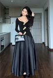 Niulatu V-neck Two-Piece Long Prom Dress Satin Black Guest Dress HZ1026