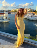 Niulatu Spaghetti Strap Sheath Long Prom Dresses Tulle Applique Yellow Wedding Guest Dresses HZ1026