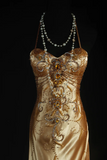 Niulatu Spaghetti Strap Sheath Long Prom Dresses Silk Bead Gold Formal Dresses HZ1026