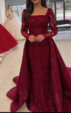 Niulatu Square Neck Sheath Long Prom Dress Tulle Beaded Burgundy Evening Dress HZ1026