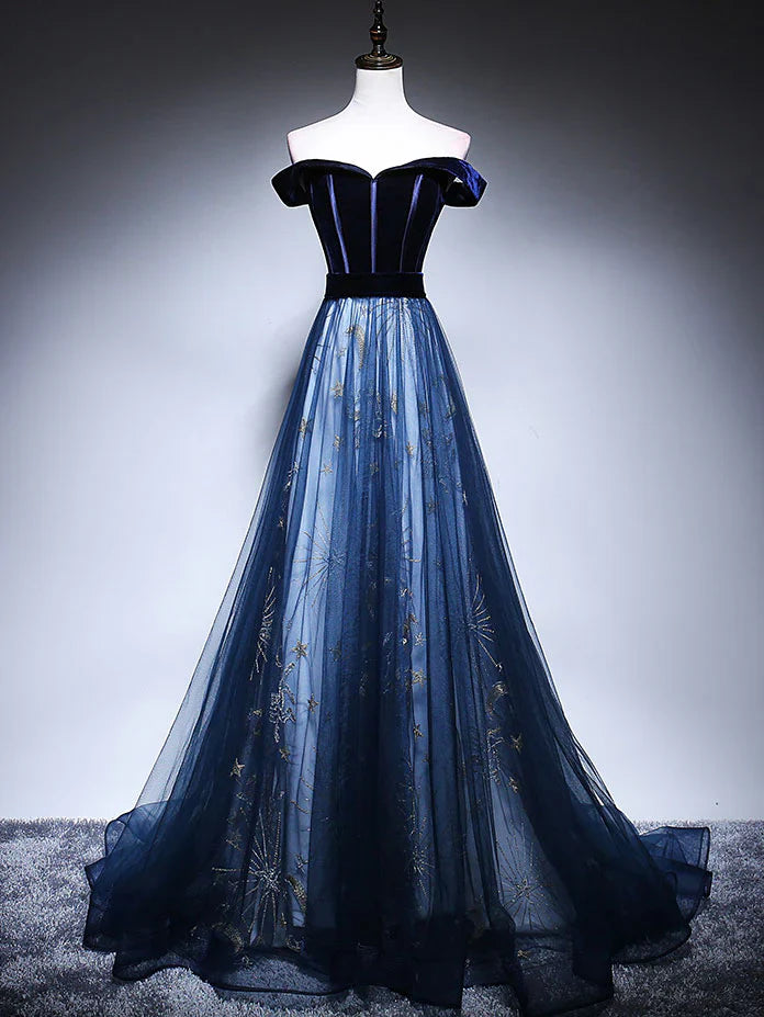 Niulatu Blue Tulle Velvet Long Prom Dress, Blue Evening Dress HZ1026