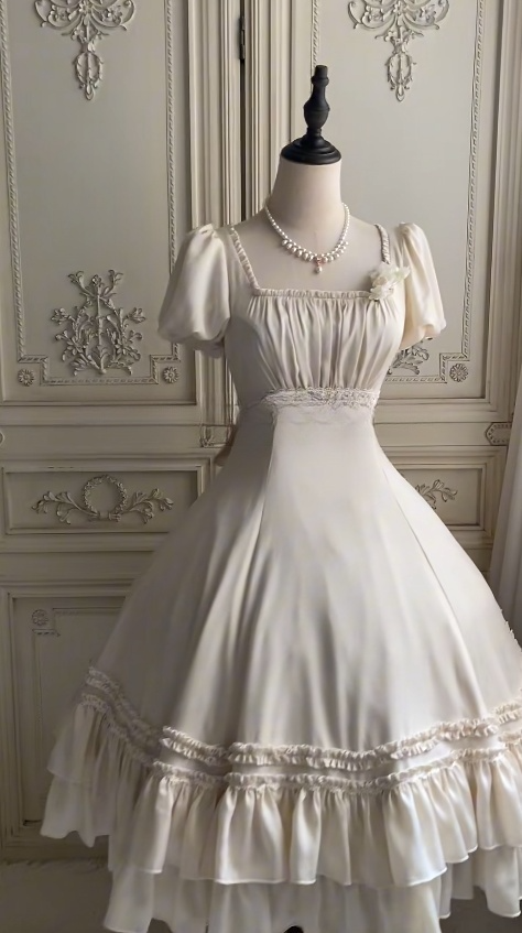 Niulatu Square Neck Ball Gown Satin Short Birthday Dresses White Sweet Lolita Dresses HZ1026