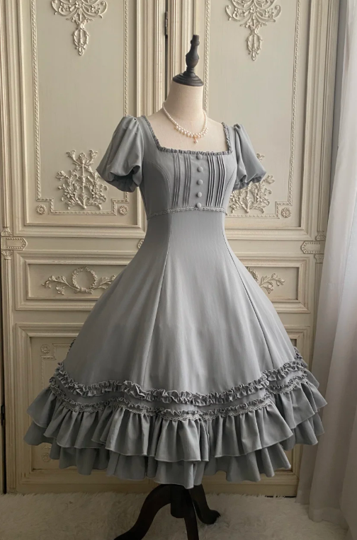 Niulatu Square Neck Ball Gown Satin Ruffle Short Birthday Dresses Gray Lolita Dresses HZ1026