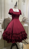 Niulatu Square Neck Ball Gown Satin Ruffle Short Birthday Dresses Burgundy Lolita Dresses HZ1026