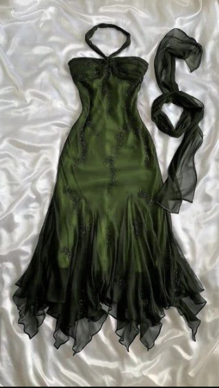 Niulatu Halter Mermaid Long Prom Dresses Chiffon Beaded Dark Green Long Formal Dresses HZ1026