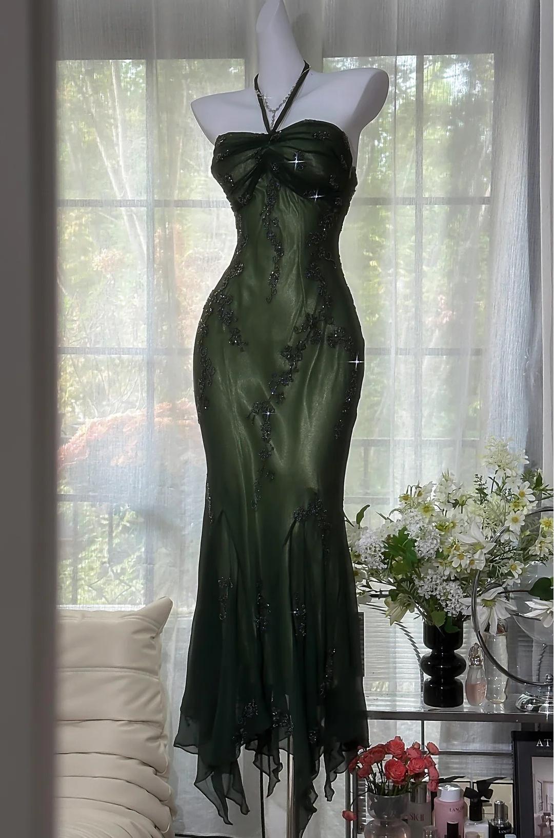 Niulatu Halter Mermaid Long Prom Dresses Chiffon Beaded Dark Green Long Formal Dresses HZ1026