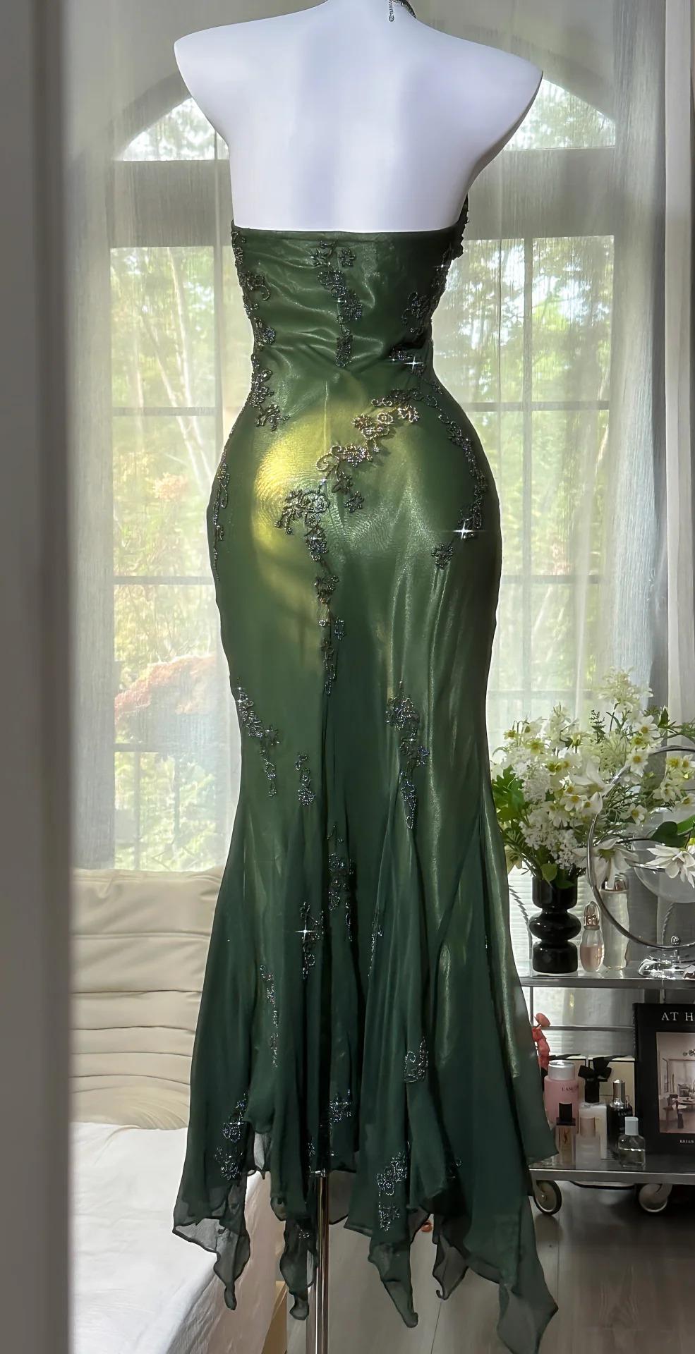Niulatu Halter Mermaid Long Prom Dresses Chiffon Beaded Dark Green Long Formal Dresses HZ1026