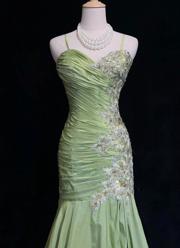 Niulatu Green Mermaid Satin Beaded Sequin Evening Dress Spaghetti Strap Long Prom Dress HZ1007