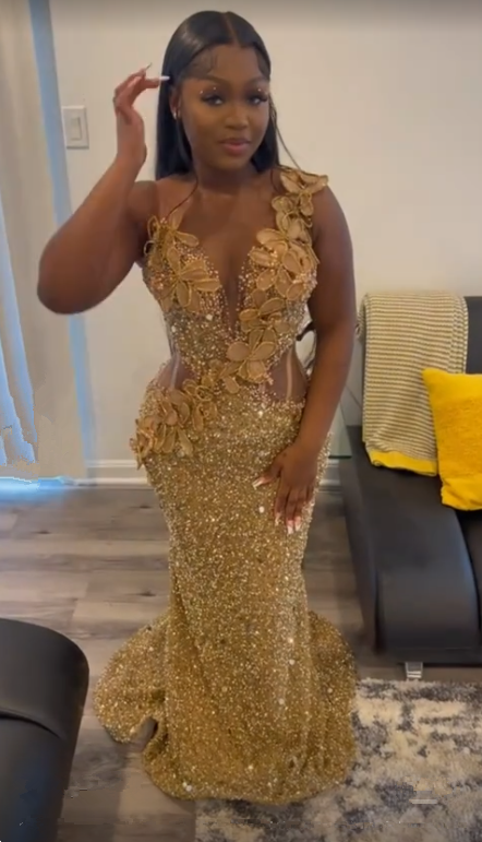 Niulatu Gold Sequins Appliques Evening Dress Mermaid Prom Dress HZ1007