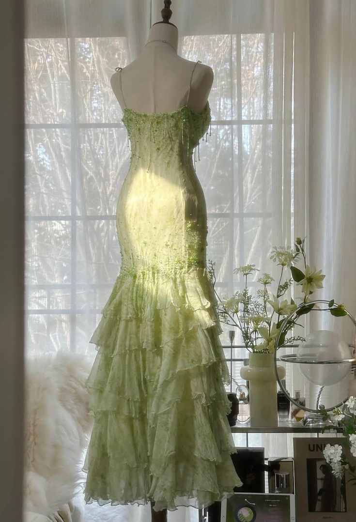 Niulatu Green Mermaid Sweetheart Chiffon Beaded Layered Prom Dress Long Evening Dress HZ1007