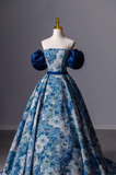 Niulatu Printed Long A-Line Prom Dress Blue Off the Shoulder Formal Evening Dress HZ1007