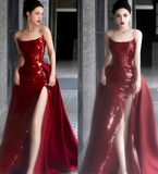 Niulatu Sheath Strapless Burgundy Sleeveless Long Party Dress Sequin Prom Dresses SD1460
