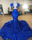Niulatu Modest Evening Dress Elegant Royal Blue Sparkly Mermaid Prom Gown HZ1007
