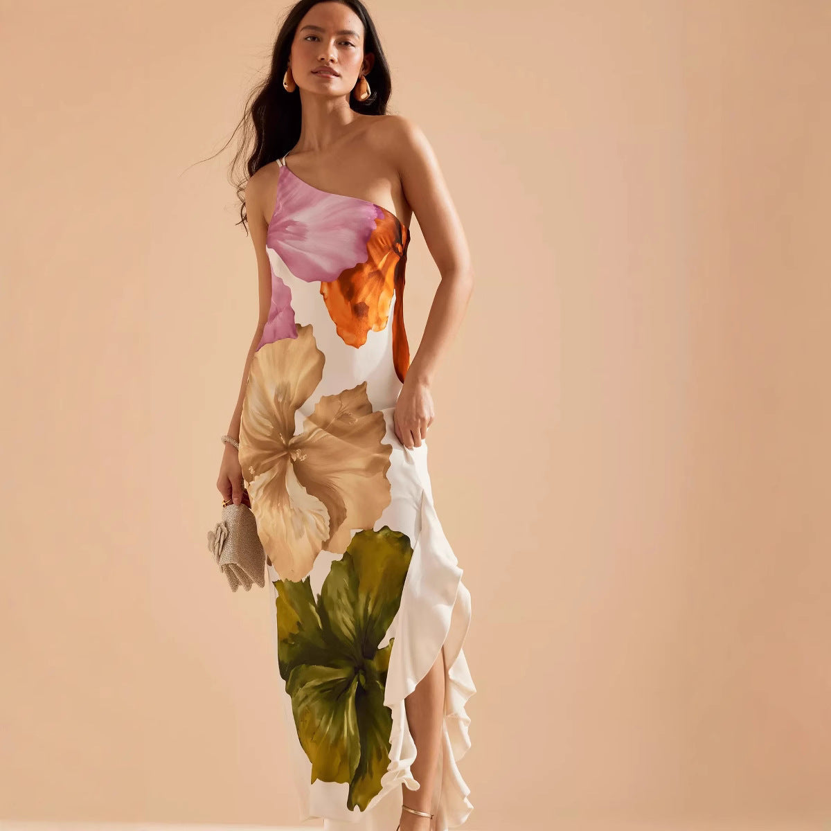 Niulatu Spring And Summer New Slanted Shoulder Positioning Printing Dress INS Leisure Vacation Loose Dress SPCP