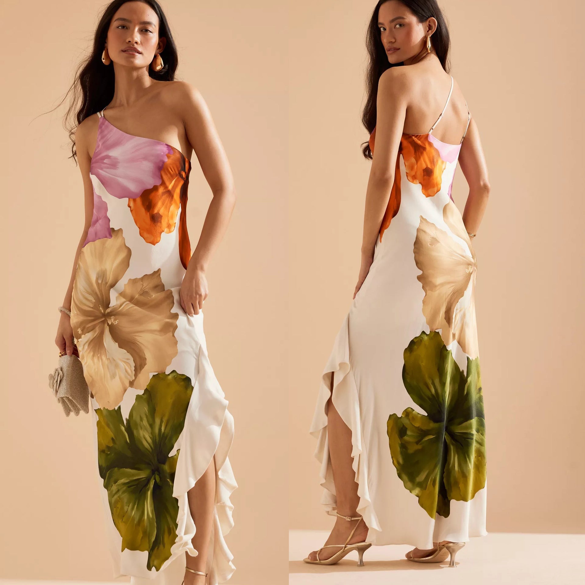 Niulatu Spring And Summer New Slanted Shoulder Positioning Printing Dress INS Leisure Vacation Loose Dress SPCP