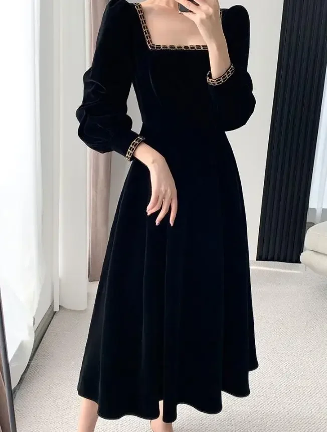Niulatu Dress Women Long Sleeve Square Neck Elegant Bodycon Patchwork Fashion Evening Dress HZ1007