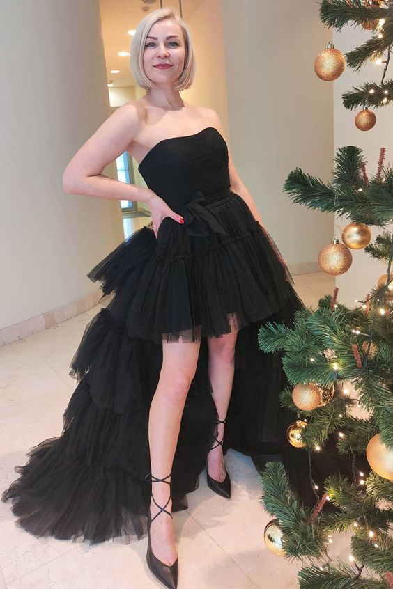 Niulatu High Low Tulle Prom Dress Black Tulle High Low Formal Evening Dress HZ1007