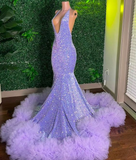 Niulatu Purple Mermaid Prom Dress Sequined Ruffles Backless Party Evening Dress HZ1007