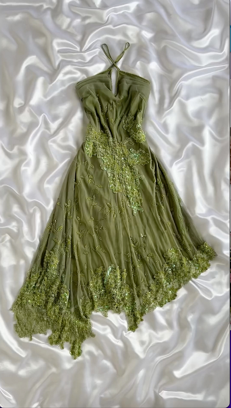 Niulatu Green Lace Chiffon Sequins Beaded Prom Dress Formal Evening Dress HZ1007