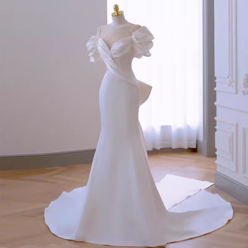 Niulatu Mermaid Scoop Neckline Satin White Long Wedding Dresses SD0076