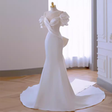 Niulatu Mermaid Scoop Neckline Satin White Long Wedding Dresses SD0076