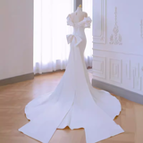 Niulatu Mermaid Scoop Neckline Satin White Long Wedding Dresses SD0076