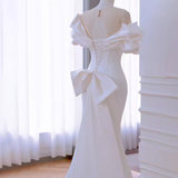 Niulatu Mermaid Scoop Neckline Satin White Long Wedding Dresses SD0076
