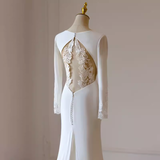 Niulatu Mermaid V Neckline Satin Ivory Long Sleeves Wedding Dresses SD0077