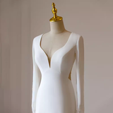 Niulatu Mermaid V Neckline Satin Ivory Long Sleeves Wedding Dresses SD0077