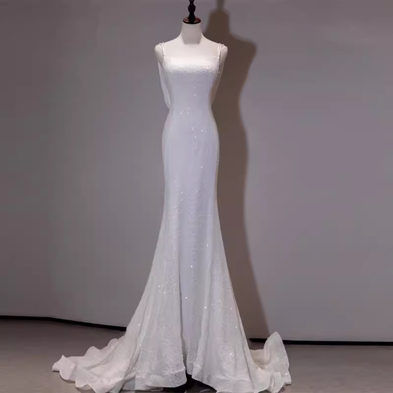 Niulatu Mermaid Spaghetti Straps Sequin White Long Wedding Dresses SD0078