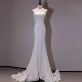 Niulatu Mermaid Spaghetti Straps Sequin White Long Wedding Dresses SD0078