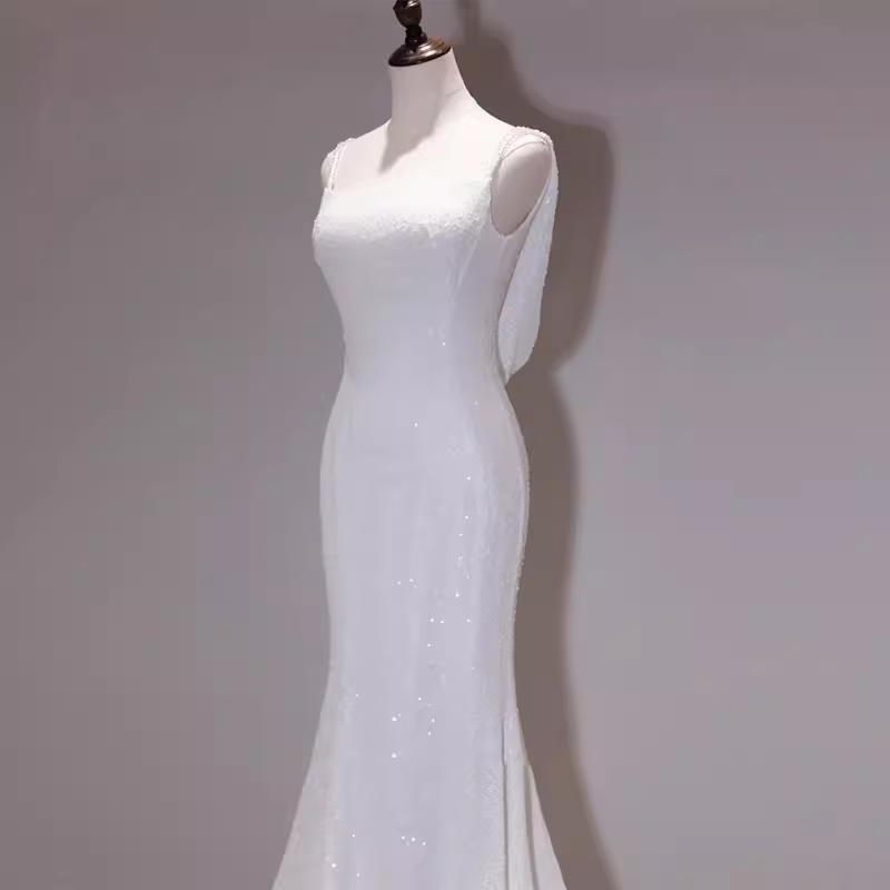 Niulatu Mermaid Spaghetti Straps Sequin White Long Wedding Dresses SD0078