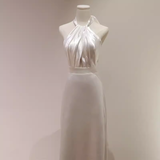 Niulatu Sheath Satin White Long Wedding Dresses Backless Brides Dress SD0080
