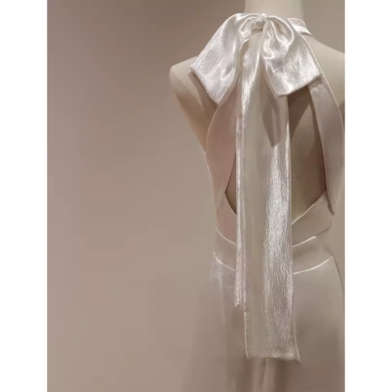 Niulatu Sheath Satin White Long Wedding Dresses Backless Brides Dress SD0080