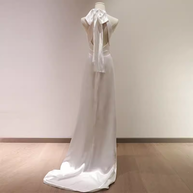 Niulatu Sheath Satin White Long Wedding Dresses Backless Brides Dress SD0080
