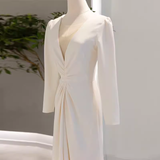 Niulatu Mermaid Long Sleeves V Neckline Satin White Long Wedding Dresses Brides Dress SD0081