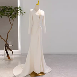 Niulatu Mermaid Long Sleeves V Neckline Satin White Long Wedding Dresses Brides Dress SD0081