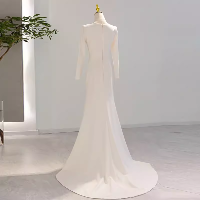 Niulatu Mermaid Long Sleeves V Neckline Satin White Long Wedding Dresses Brides Dress SD0081