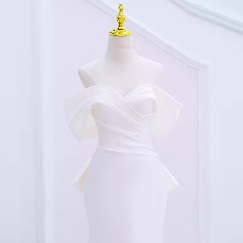 Niulatu Mermaid Off The Shoulder Satin White Long Wedding Dresses Brides Dress SD0082