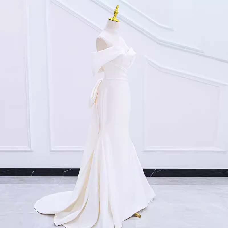 Niulatu Mermaid Off The Shoulder Satin White Long Wedding Dresses Brides Dress SD0082