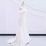 Niulatu Mermaid Off The Shoulder Satin White Long Wedding Dresses Brides Dress SD0082