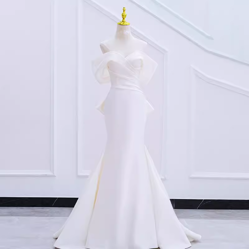 Niulatu Mermaid Off The Shoulder Satin White Long Wedding Dresses Brides Dress SD0082