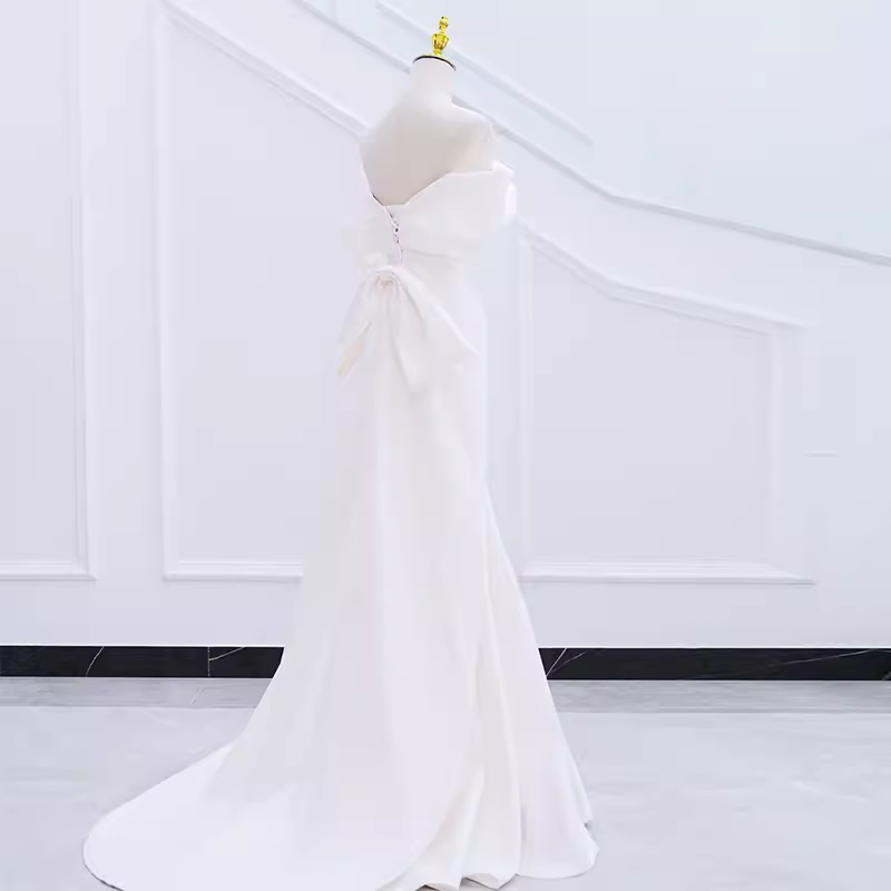 Niulatu Mermaid Off The Shoulder Satin White Long Wedding Dresses Brides Dress SD0082