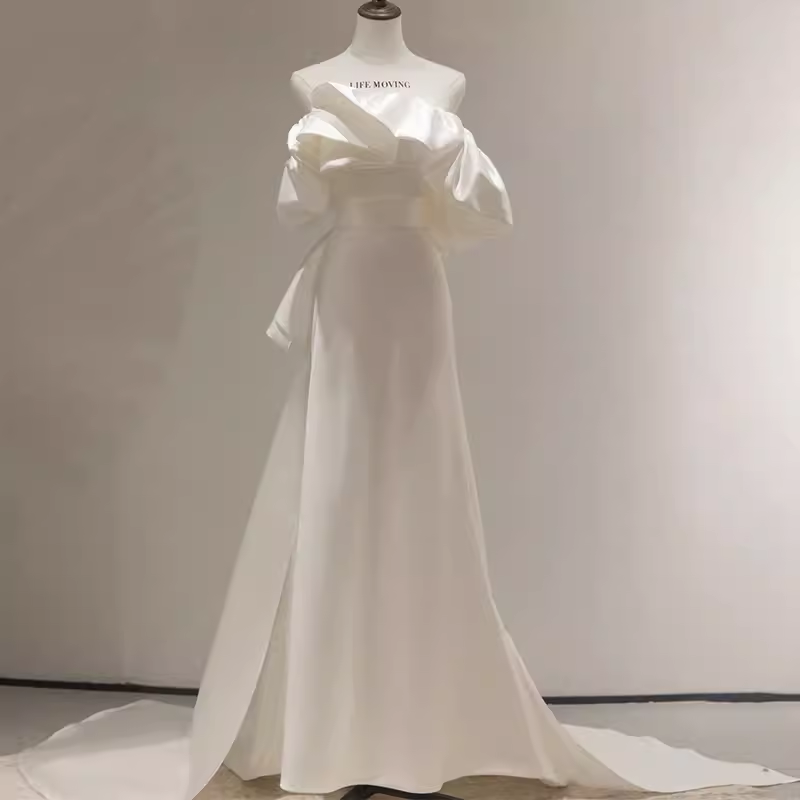 Niulatu Mermaid Off The Shoulder Satin White Long Wedding Dresses Brides Dress SD0083